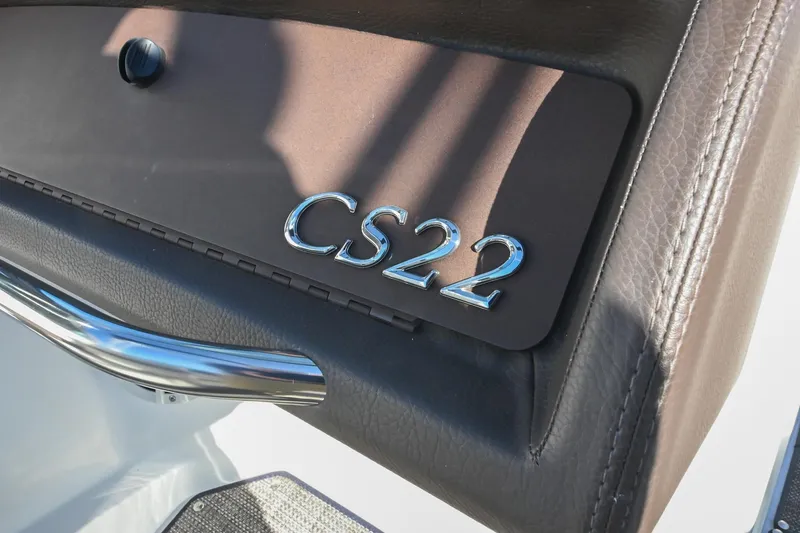 Slide: The Image of 2023 Cobalt CS22 boat interior with chrome detailing and leather finish. - 22