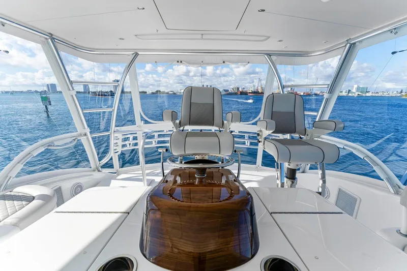 Slide: The Image of Interior of 2025 Viking 58 Convertible yacht with ocean view. - 26