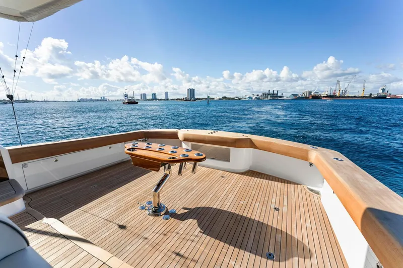 Slide: The Image of Luxurious 2025 Viking 58 Convertible yacht deck with ocean view and clear blue sky. - 34