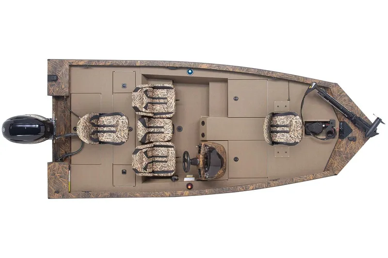 Slide: The Image of Manufacturer Provided Image: 2026 G3 Sportsman 1710 boat, top view, featuring camo seats and outboard motor. - 11