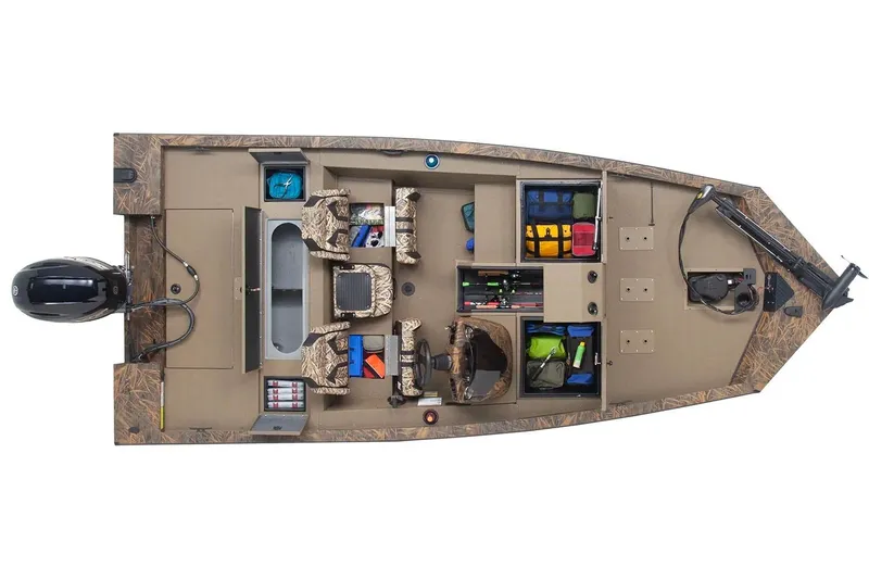 Slide: The Image of Manufacturer Provided Image: 2026 G3 Sportsman 1710 boat, top view, showcasing storage compartments and seating layout. - 12