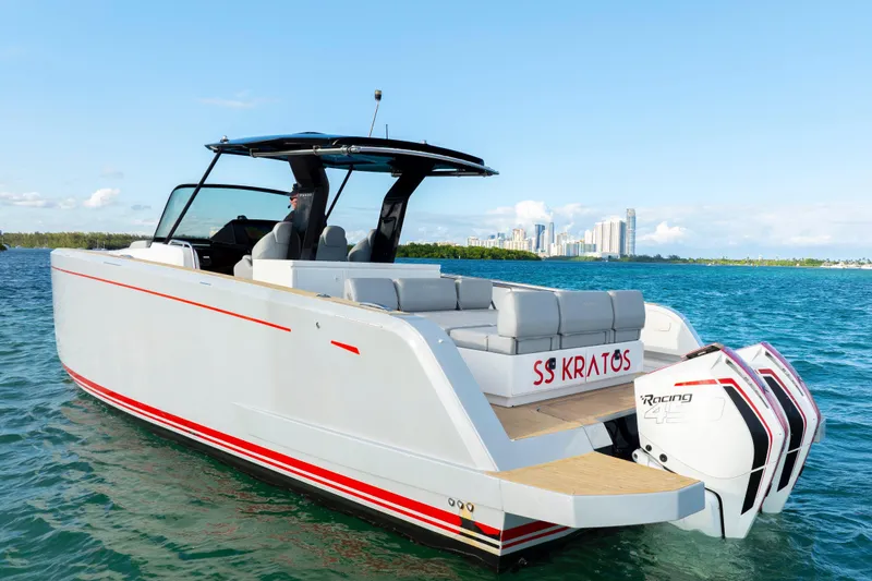 Slide: The Image of 2021 Pardo Yachts 38 on water, featuring sleek design and powerful engines. - 20