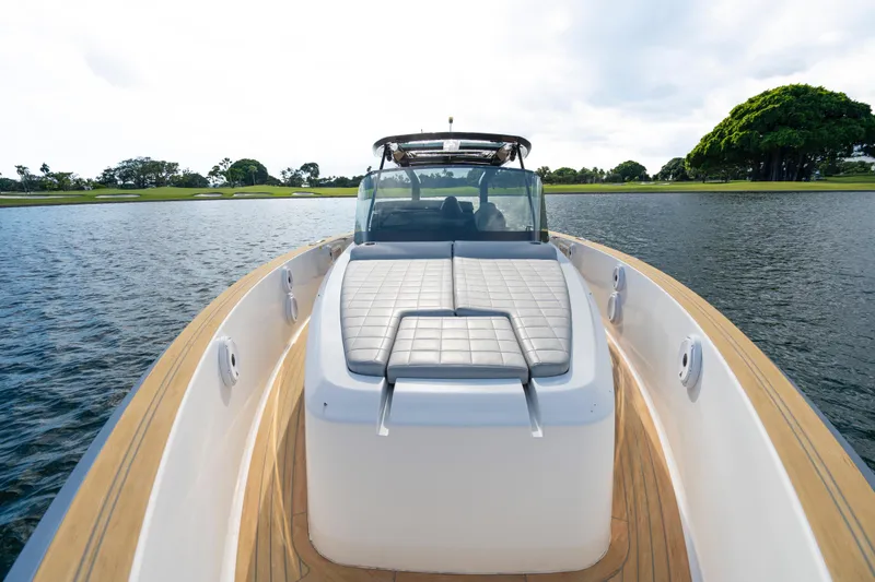 Slide: The Image of 2021 Pardo Yachts 38 on water, featuring sleek deck and luxurious seating. - 29