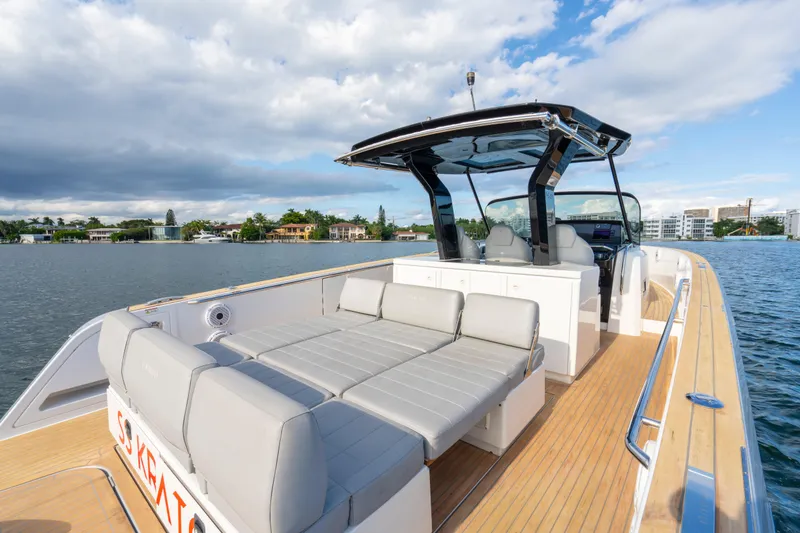 Slide: The Image of 2021 Pardo Yachts 38 cruising on clear blue water under a sunny sky. - 47