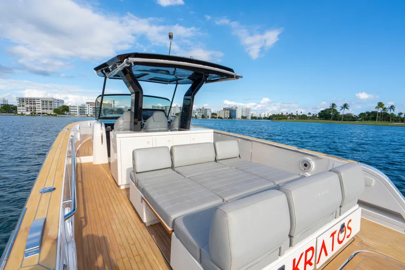 Slide: The Image of 2021 Pardo Yachts 38 on water, featuring spacious deck and modern design. - 7