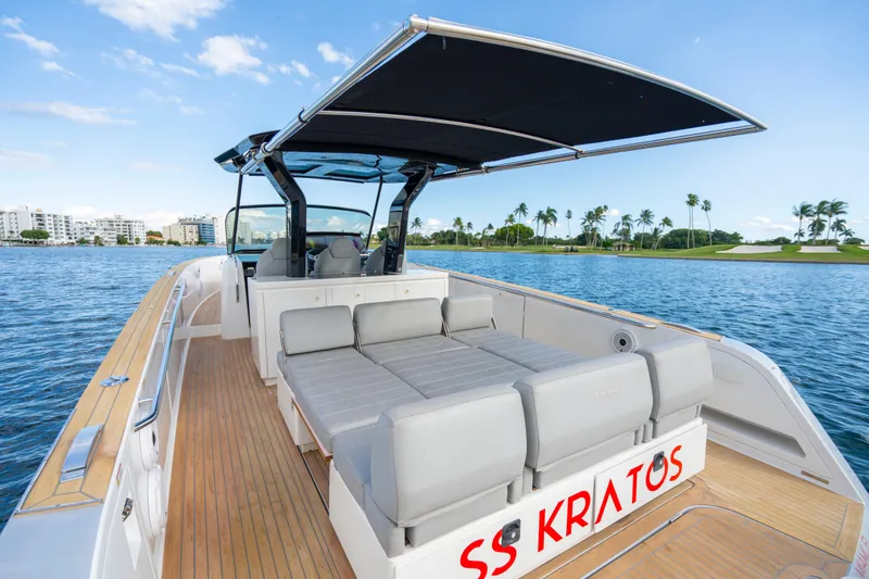 Slide: The Image of Luxury 2021 Pardo Yachts 38 on water, featuring spacious deck and modern design. - 13