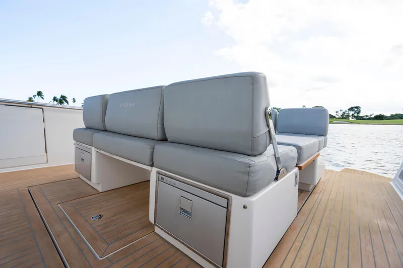 Slide: The Image of Luxury seating on 2021 Pardo Yachts 38, featuring sleek design and waterfront view. - 21