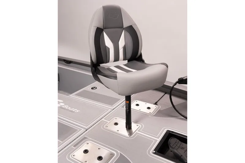 Slide: The Image of 2026 G3 Sportsman 1710 SE boat seat, gray and white design, mounted on deck. - 12