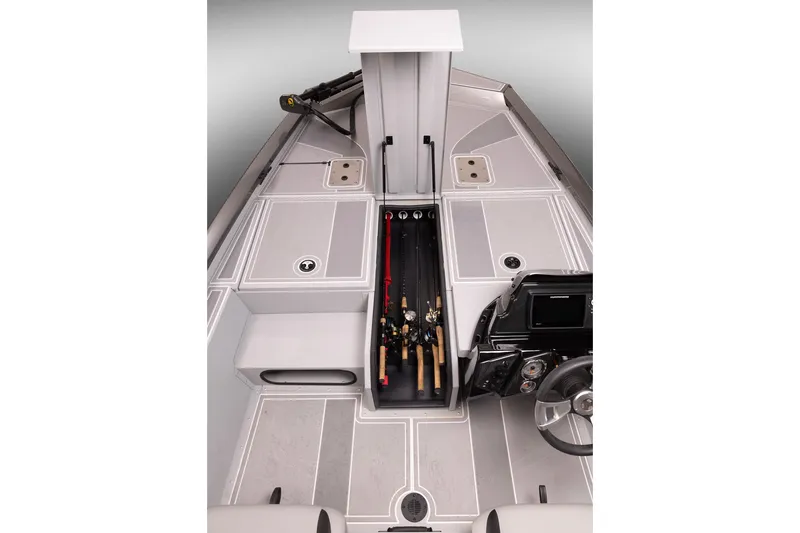 Slide: The Image of 2026 G3 Sportsman 1710 SE boat interior with rod storage and steering console. - 34