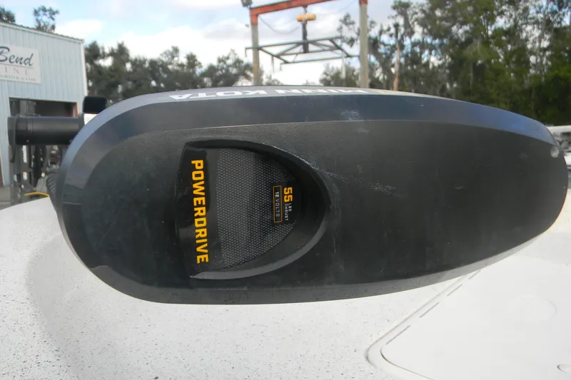 Slide: The Image of Close-up of a Minn Kota PowerDrive motor on a 2024 Carolina Skiff e-18 boat. - 7