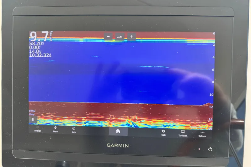 Slide: The Image of Garmin marine display on 2008 Tiara Yachts 3900 Sovran, showing sonar depth and temperature. - 33