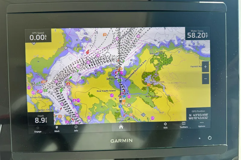 Slide: The Image of Garmin GPS display on 2008 Tiara Yachts 3900 Sovran, showing nautical chart and data. - 34
