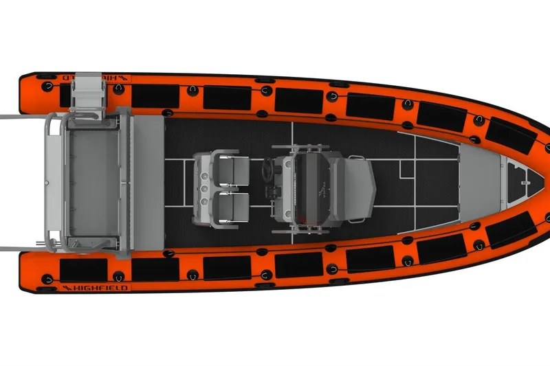 Slide: The Image of Aerial view of Highfield Patrol 860 boat, model year 2026. - 12
