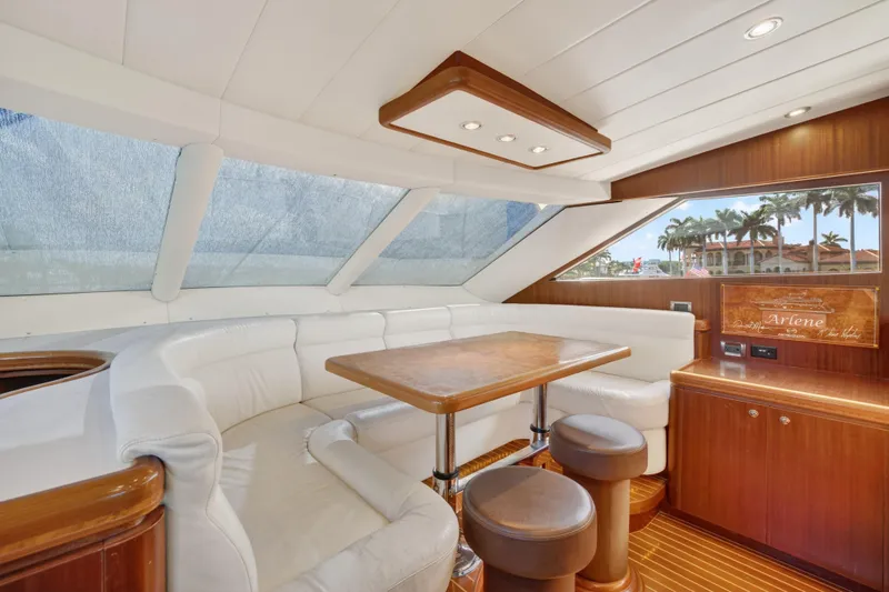 Slide: The Image of Luxurious 2009 Horizon Flybridge yacht interior with white seating, wooden table, and panoramic windows. - 18