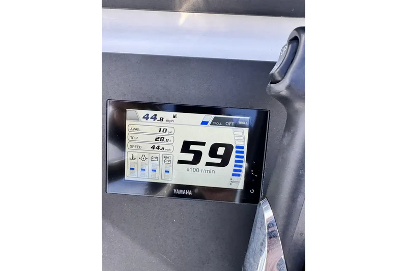Slide: The Image of Yamaha display on 2024 Bay Rider 2460 Skiff showing speed and fuel data. - 30