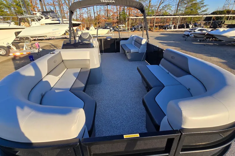 Slide: The Image of 2023 Veranda Vista View 20RC pontoon boat with spacious seating and modern design. - 18