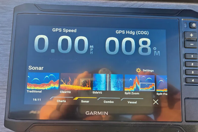 Slide: The Image of Garmin sonar display on 2023 Veranda Vista View 20RC, showing GPS speed and heading. - 32