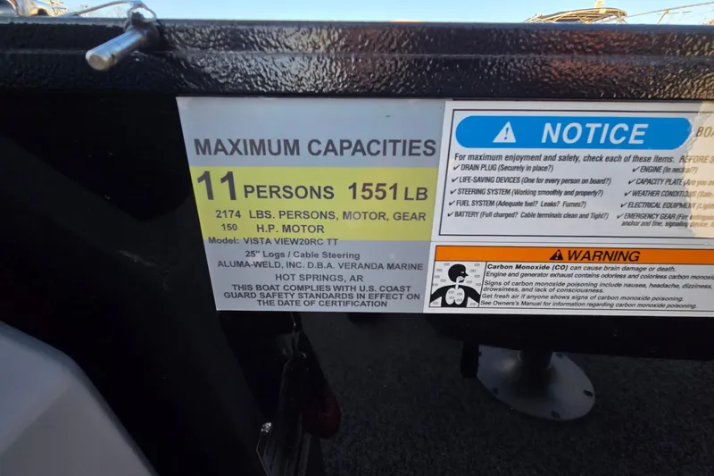 Slide: The Image of 2023 Veranda Vista View 20RC capacity label, 11 persons, 1551 lbs, safety notices. - 40