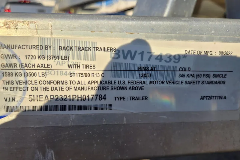Slide: The Image of Label on a trailer manufactured by Back Track Trailers, dated 08/2022, showing specifications. - 41