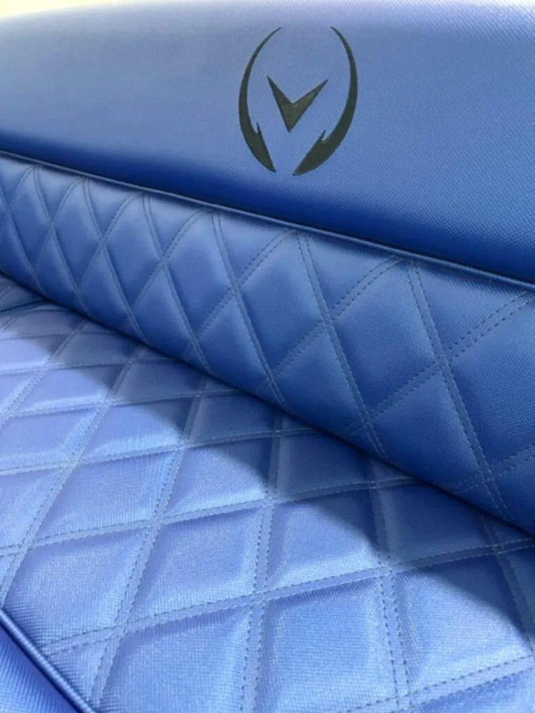 Slide: The Image of 2024 Vision Marine Technologies Fantail 217 blue quilted seat detail. - 2