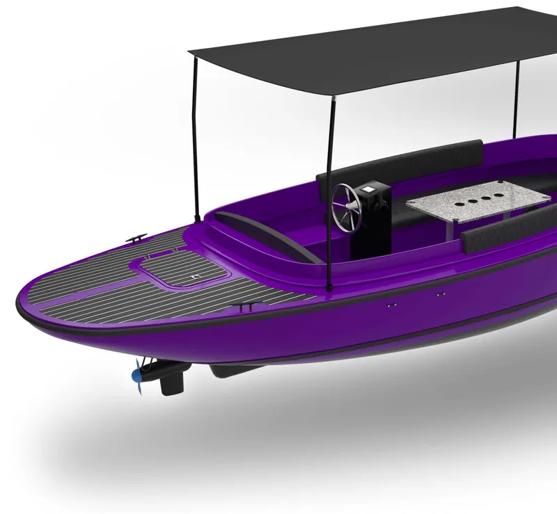 Slide: The Image of 2023 Vision Marine Technologies Fantail 217, purple electric boat with canopy and modern design. - 7