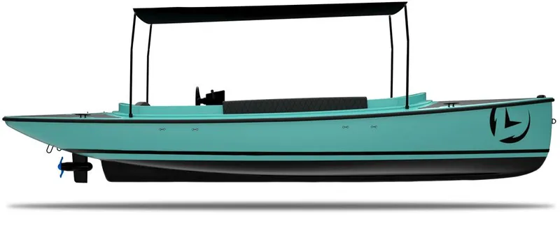 Slide: The Image of 2023 Vision Marine Technologies Fantail 217 electric boat, turquoise with canopy, side view. - 8