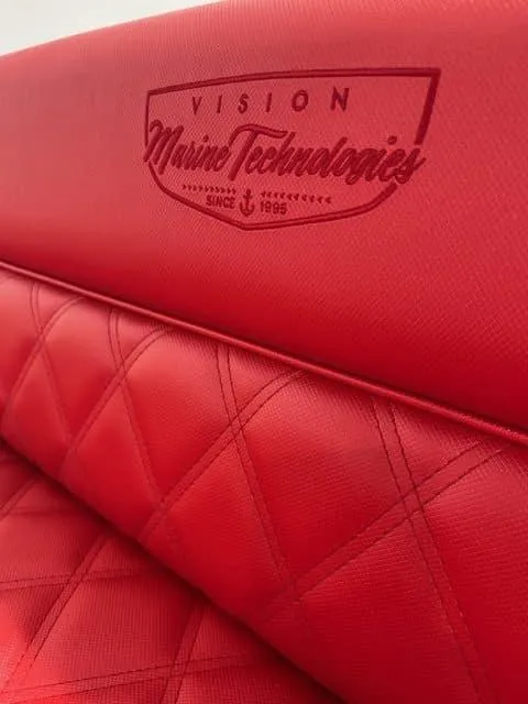 Slide: The Image of Red quilted seat with Vision Marine Technologies logo, Fantail 217, 2023 model. - 3