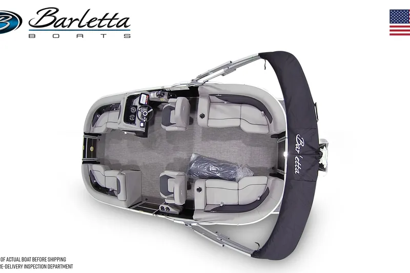 Slide: The Image of 2026 Barletta ARIA 20QC pontoon boat, top view, showcasing seating and helm layout. - 6