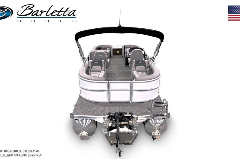 Slide: The Image of 2026 Barletta ARIA 22QC pontoon boat, front view with seating and canopy. - 2