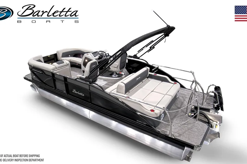 The Image of 2026 Barletta Cabrio 22UC pontoon boat displayed indoors on a trailer. - 1