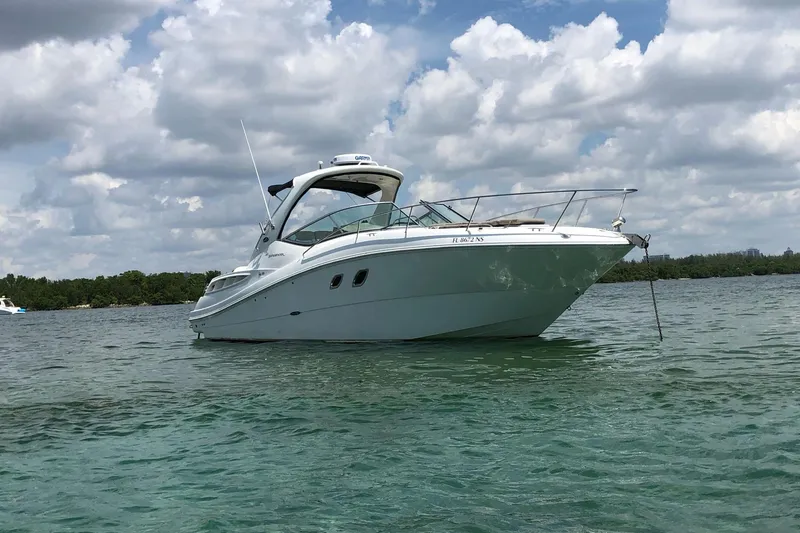 The Image of 2008 Sea Ray 310 Sundancer boat anchored on calm water under a cloudy sky. - 0