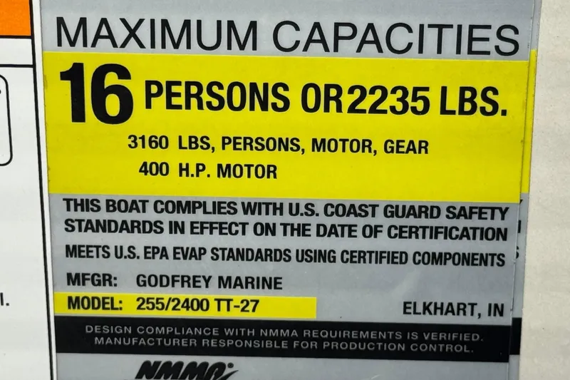 Slide: The Image of Maximum capacity label for Godfrey Monacco 255 SD, 2020, 16 persons or 2235 lbs. - 37