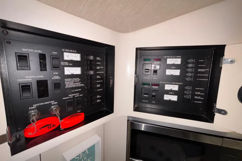 Slide: The Image of Control panel of a 1995 Sea Ray Sundancer 370 boat, showing electrical switches and gauges. - 36