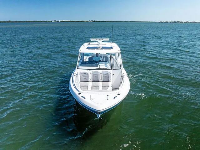 Slide: The Image of Interior of Everglades 367 CX yacht, 2026 model, docked at marina. - 19