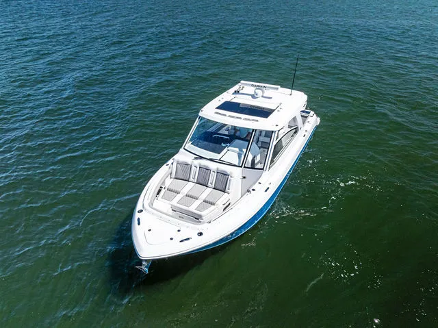 Slide: The Image of Interior of Everglades 367 CX yacht, 2026 model, docked at marina. - 20