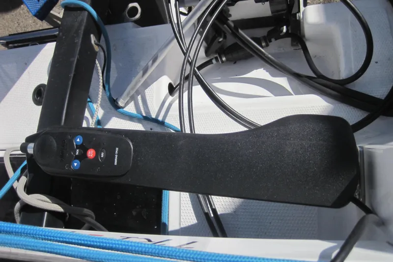 Slide: The Image of Cockpit controls of 2022 Corsair 880 Standard sailboat with steering mechanism. - 6