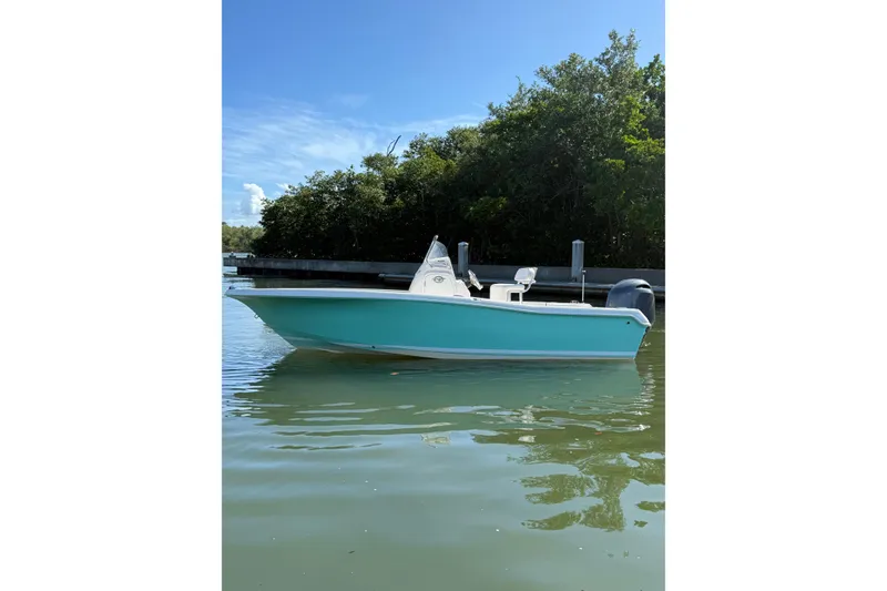 Slide: The Image of 2020 Tidewater 198 CC Adventure boat on calm water near lush greenery. - 0