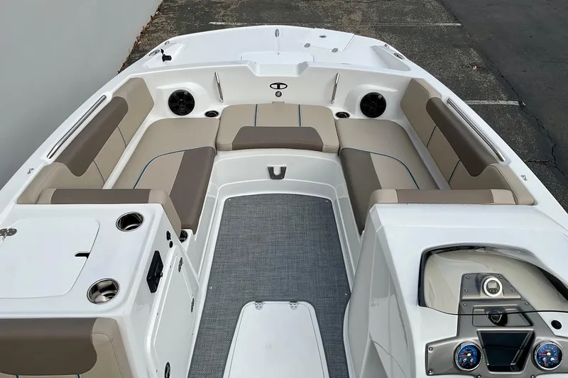 Slide: The Image of 2026 Tahoe 2150 boat interior with spacious seating and modern dashboard design. - 21