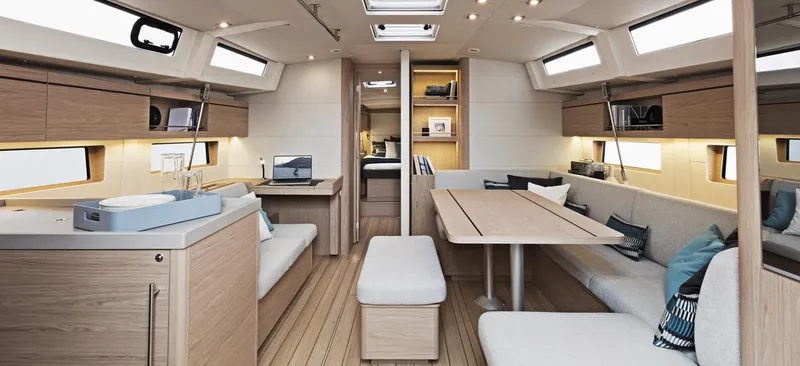 Slide: The Image of Luxurious interior of 2020 Beneteau Oceanis 46.1 yacht, featuring modern seating and elegant design. - 10