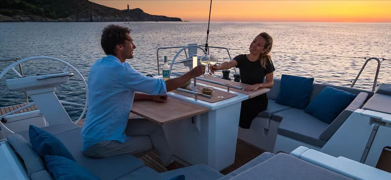 Slide: The Image of Steering console of 2020 Beneteau Oceanis 46.1 with B&G navigation displays. - 5