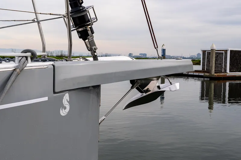 Slide: The Image of Bow of 2020 Beneteau Oceanis 46.1 yacht with anchor, docked in marina. - 55