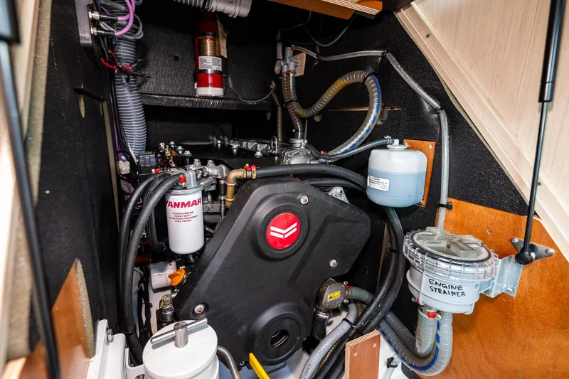 Slide: The Image of Engine room of 2020 Beneteau Oceanis 46.1 yacht with Yanmar engine components. - 56