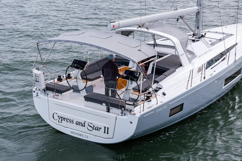 Slide: The Image of 2020 Beneteau Oceanis 46.1 sailboat, "Cypress and Star II," on water, Monterey, CA. - 74