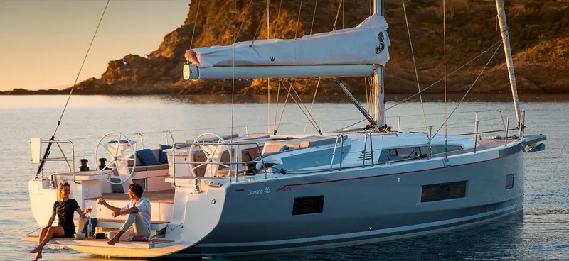 Slide: The Image of Luxurious interior of 2020 Beneteau Oceanis 46.1 yacht with modern furnishings and ample natural light. - 9