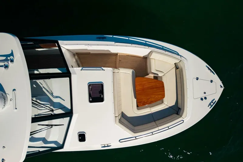 Slide: The Image of Aerial view of 2025 MJM 4 boat with spacious deck and seating area. - 48
