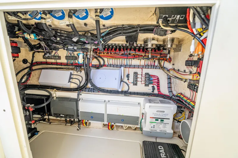 Slide: The Image of Electrical system of a 2017 SeaVee 370Z boat, showcasing wiring and components. - 29
