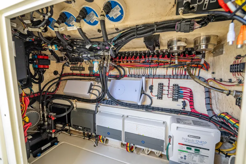 Slide: The Image of Electrical system of a 2017 SeaVee 370Z boat, showcasing wiring and components. - 30