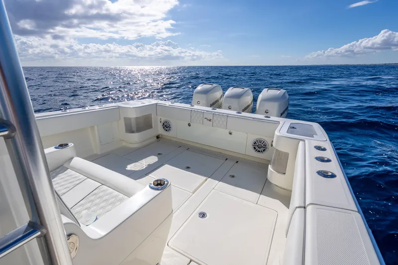 Slide: The Image of 2017 SeaVee 370Z boat with spacious deck and ocean view. - 48