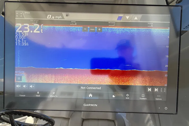 Slide: The Image of Garmin marine display showing sonar data on a 2020 Regulator 31 boat. - 10