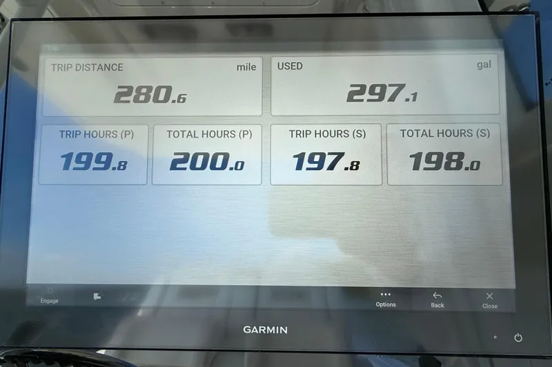 Slide: The Image of Garmin display showing trip data: 280.6 miles, 297.1 gallons used, Regulator 31, 2020 model. - 11